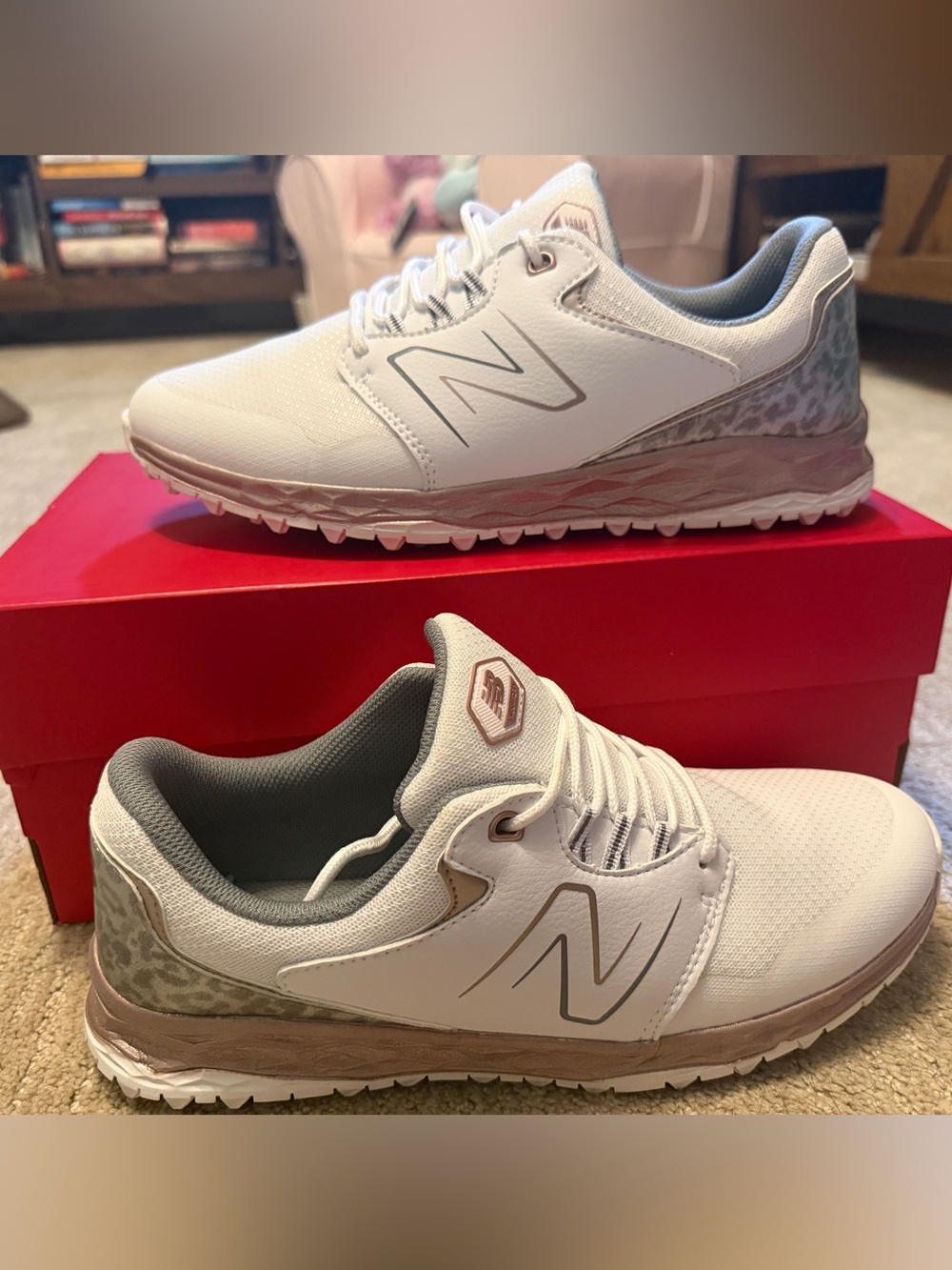 New Balance Women’s White and Rose Gold Athletic Sneakers - golf shoes
